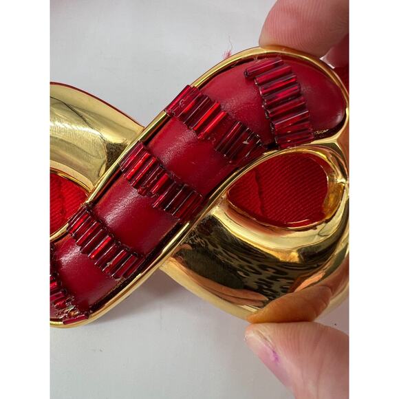 Vintage Day-Lor Gold Infinity Red Buckle Red Stretch Belt 80s retro beaded Med. - Picture 8 of 8